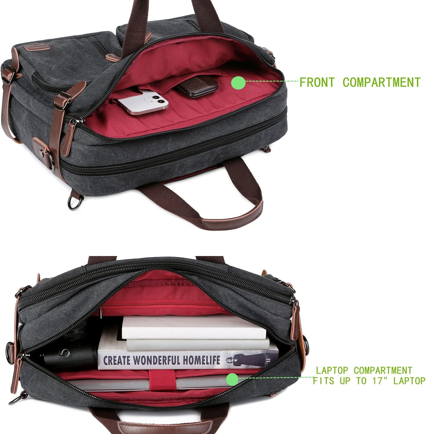 Baosha Convertible Briefcase Backpack 17 Inch Laptop Bag Black-grey Mixed
