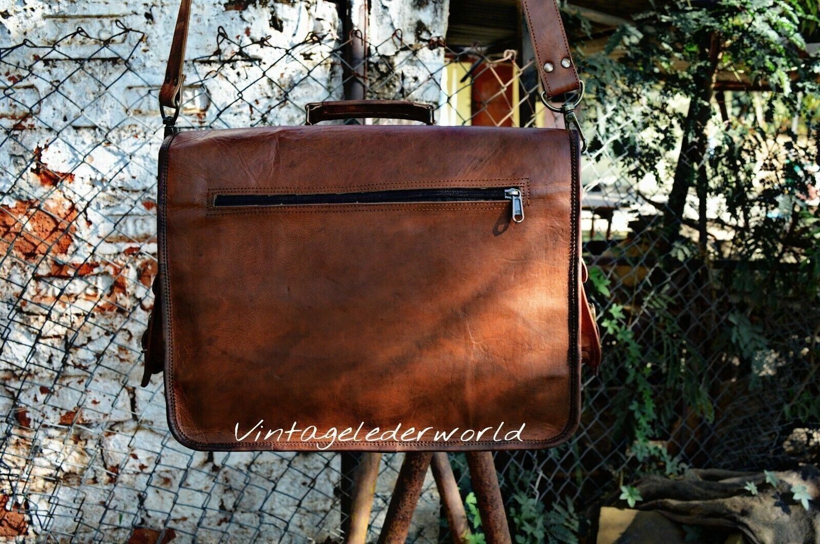 Goat Leather Messenger Real Satchel Men’s 15″ Bag Genuine Laptop Brown Briefcase