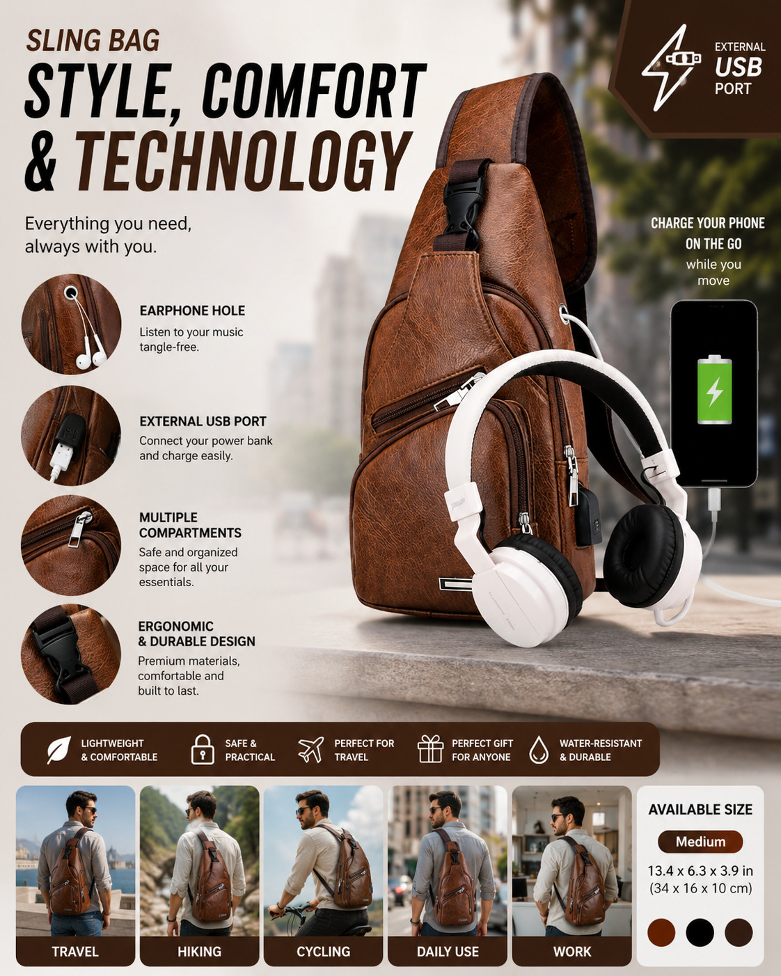 “Chest Crossbody Bag Sling Backpack for Men with USB Charge Port