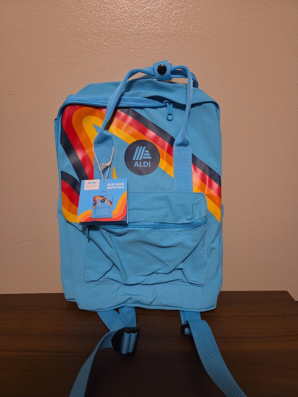 Aldi Gear Blue Rainbow Backpack with Laptop Sleeve Side Pockets Bright Logo NWT