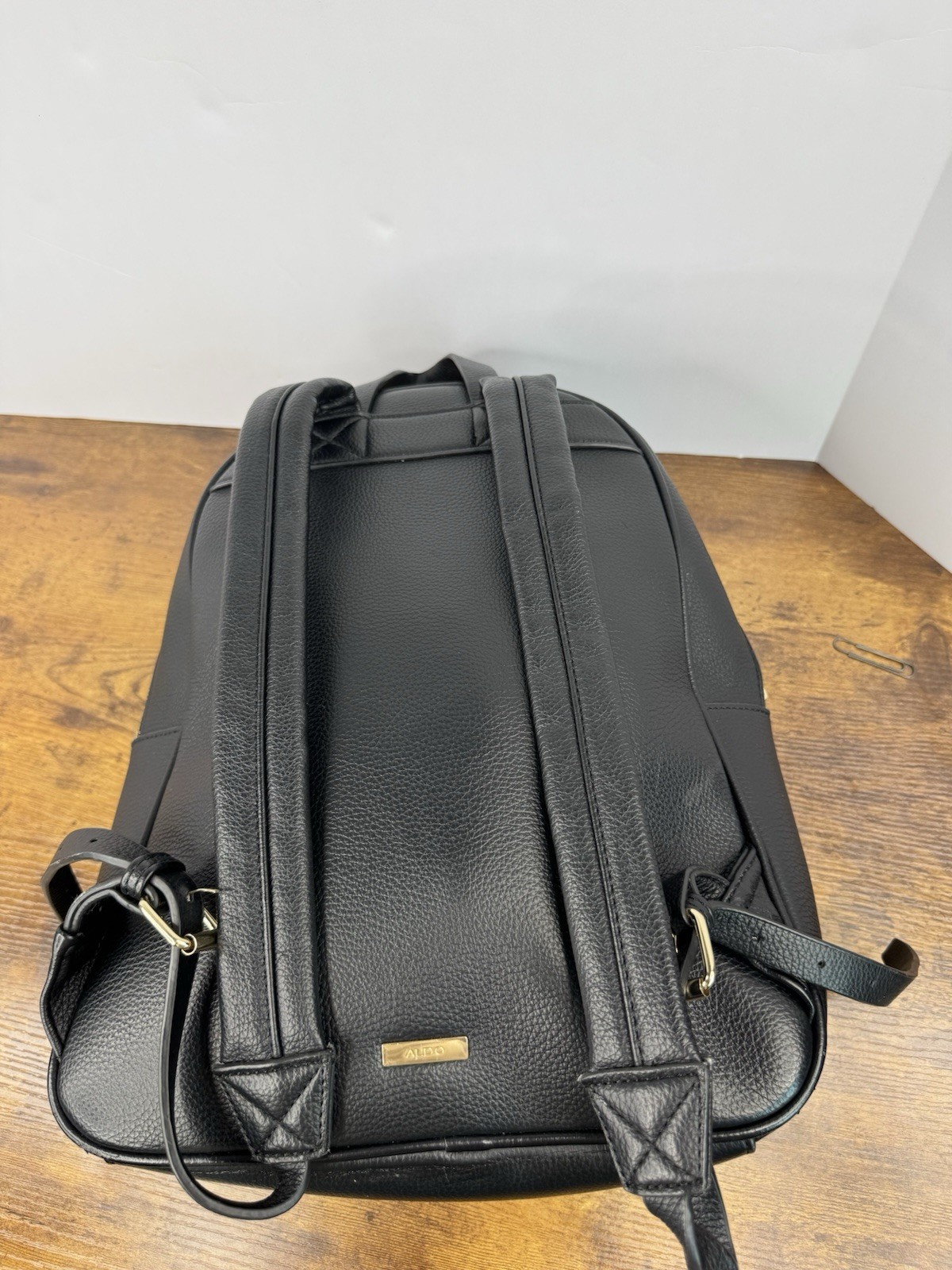 ALDO Black Pebbled Faux Leather Backpack Gold Zipper Minimalist Bag