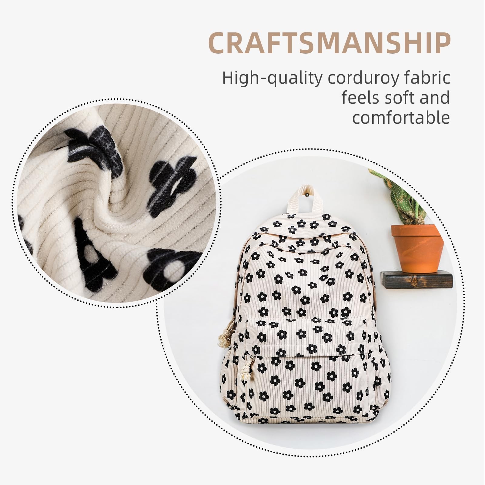15.6 Inch Laptop Backpack School Bag Teens Womens Cute Corduroy Black Floral