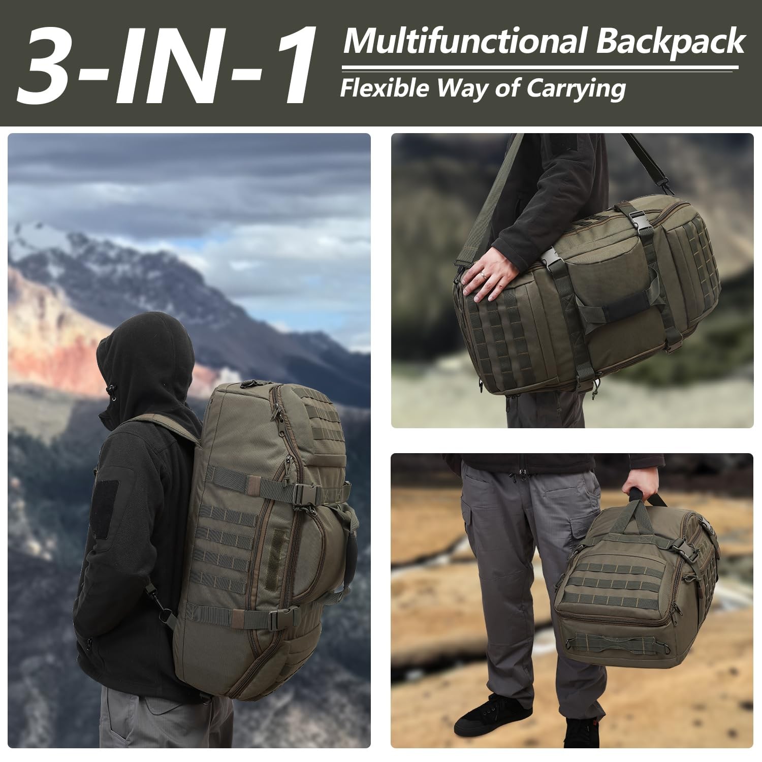 Hannibal Tactical 55L Large Duffle Bag, 3-in-1 Tactical Backpack MOLLE Pack f…