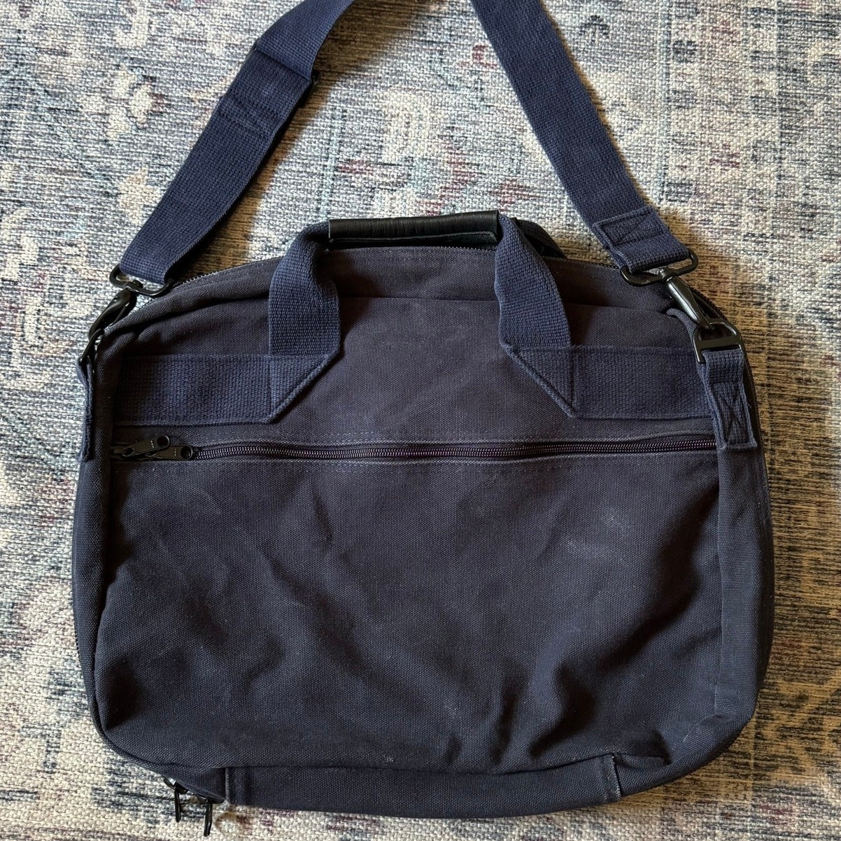 Lands End Navy Blue Cotton Duck Canvas Messenger Computer Bag 13x16x3 USA made