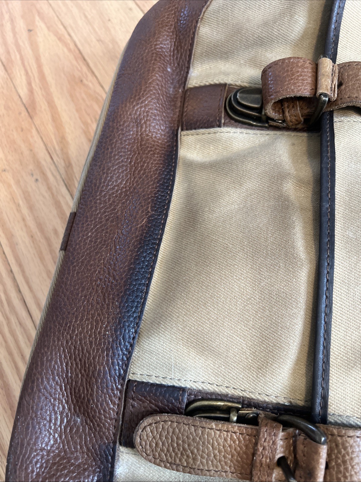LL Bean Canvas Messenger Crossbody Bag Push Lock Leather Trim Tan Brown