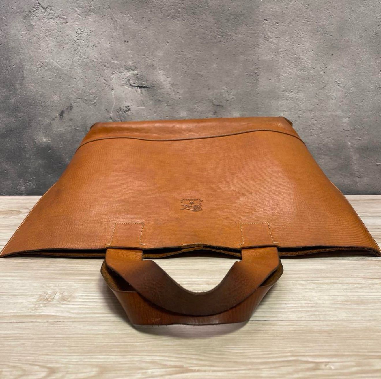 IL BISONTE Leather Authentic Luxury Tote Bag Designer Light Brown 32×37cm