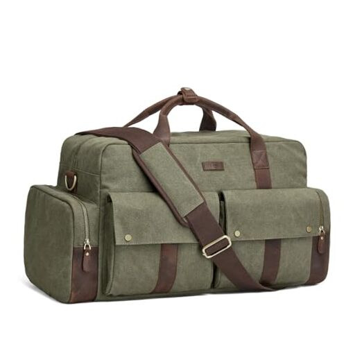 Unisex 56L Duffle Bag Canvas Travel Bag Carry on Leather Trim Army Green