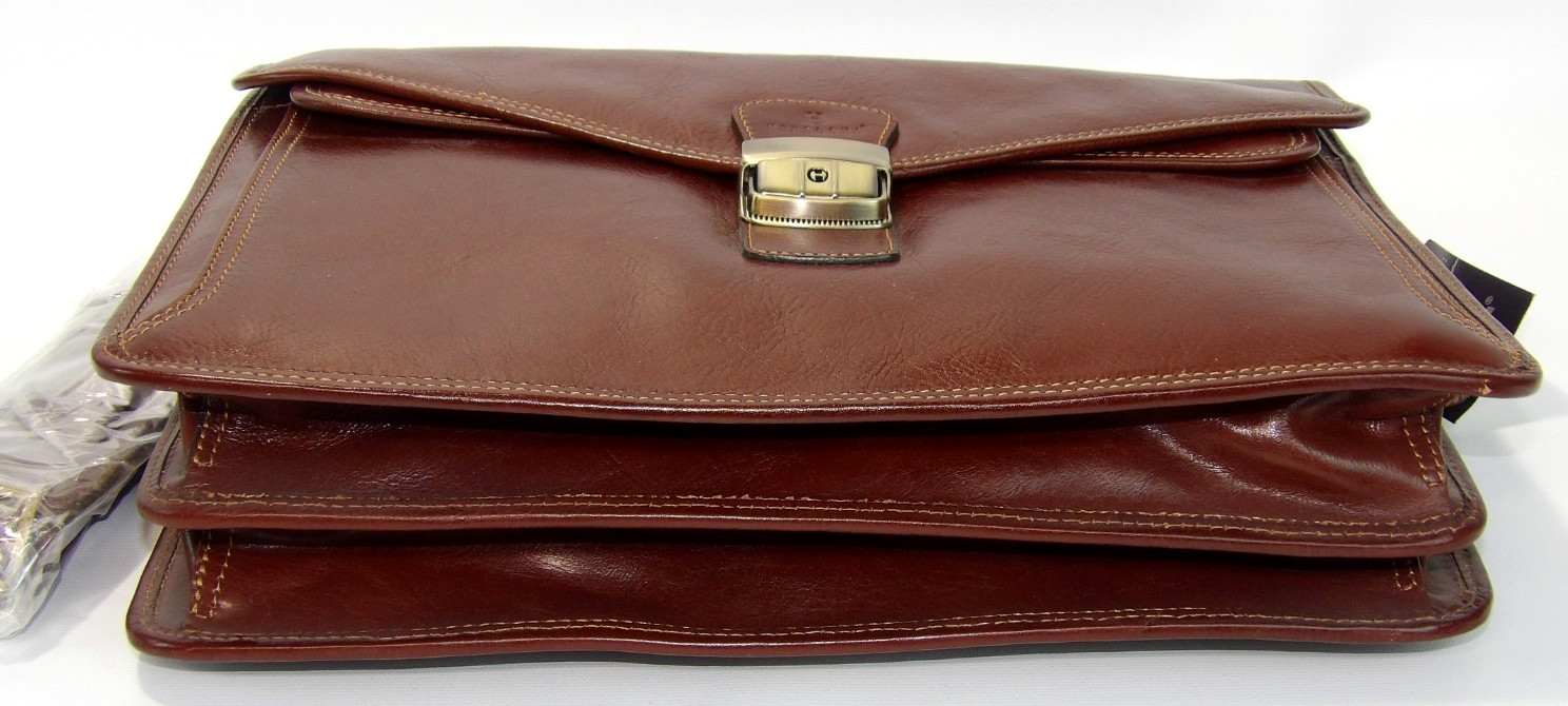 Hexagona Brown Genuine Leather w/ Flap 3 Compartments Shoulder Laptop Bag New!