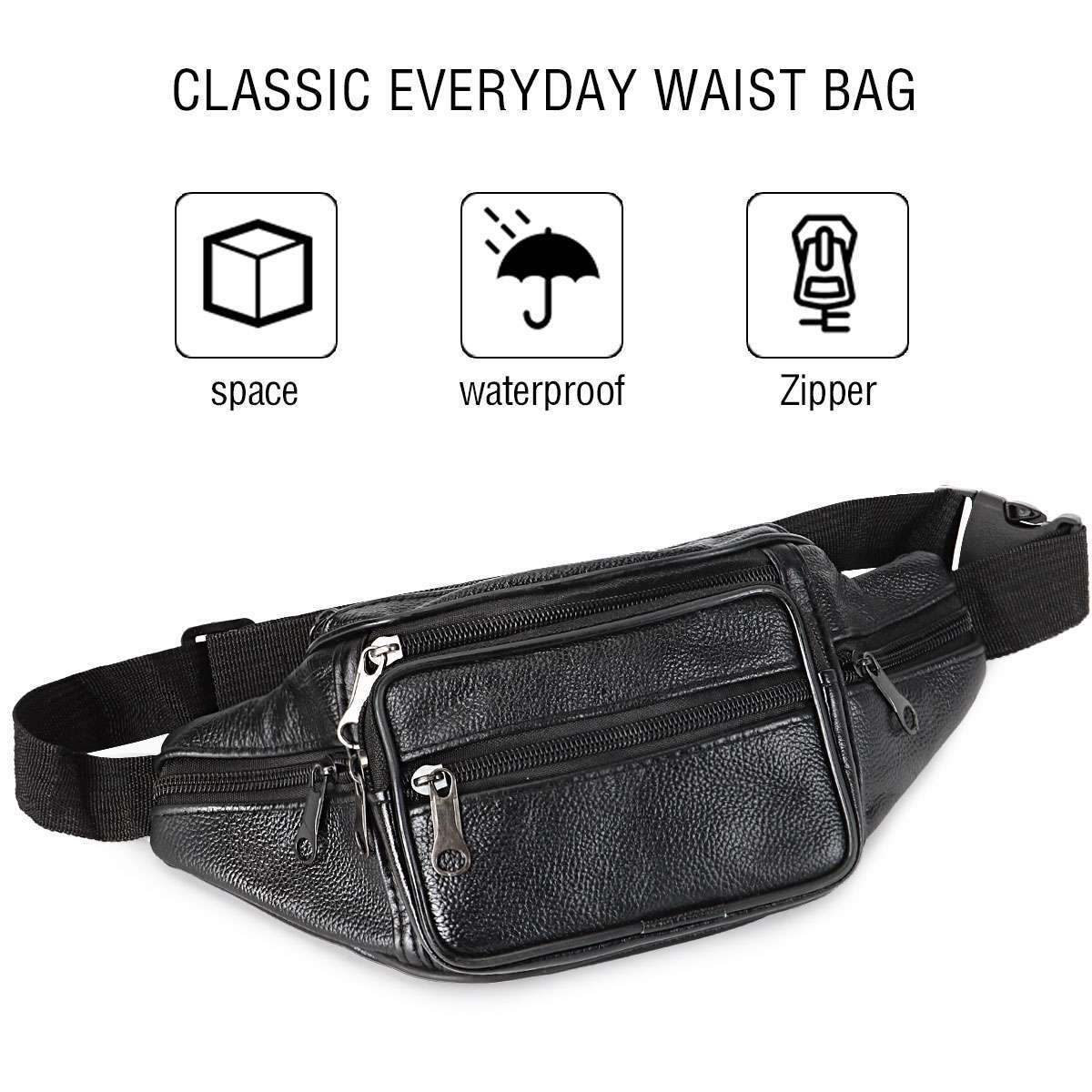 Genuine Leather Fanny Pack Multi Zippered Waist Bag Hip Belt Purse Black Pouch