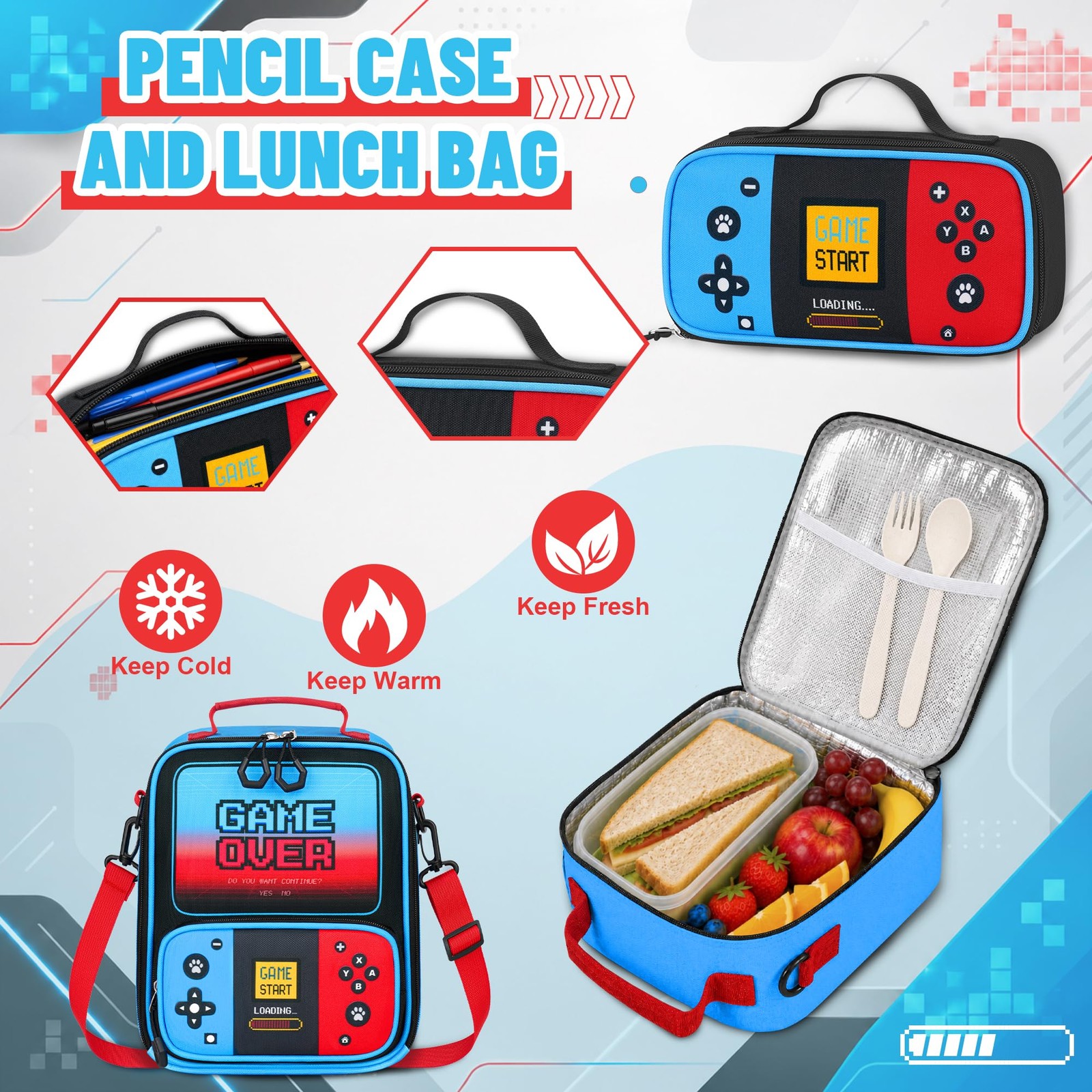 Boys Gamer Backpack with Lunch Box, 4 PCS Red Blue Gaming Bookbag for Boys