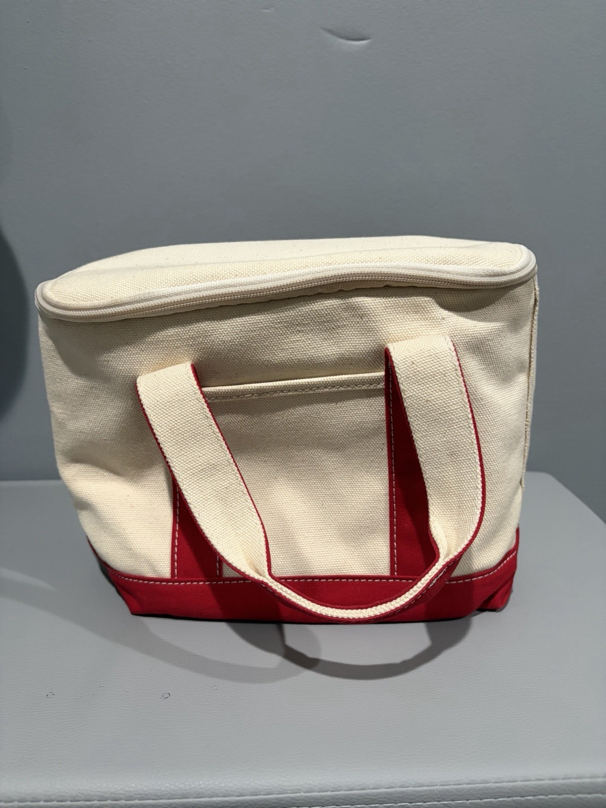 Vintage LL Bean Small Boat Tote Insulated Cooler Lunch Bag Beige Red Handles