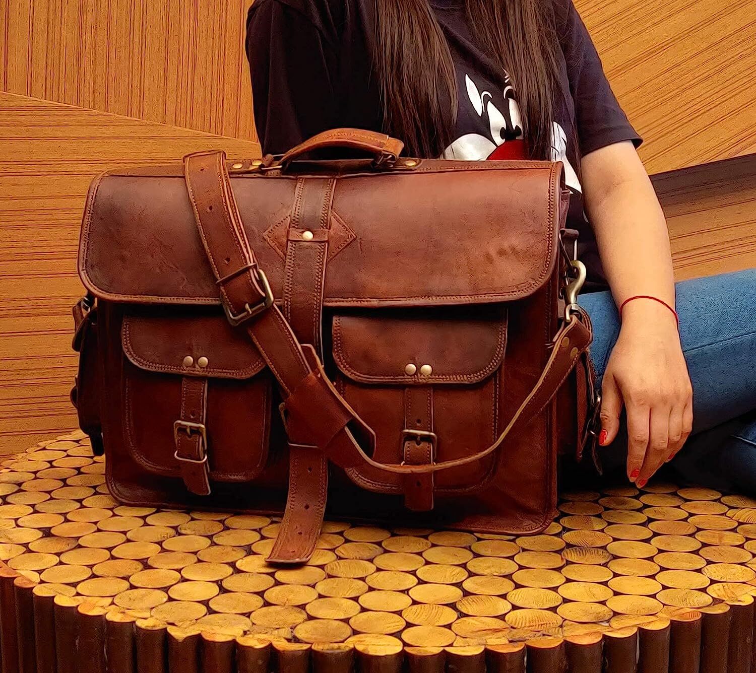 Leather Messenger Bag Laptop Briefcase Computer College Satchel Bag for Men and
