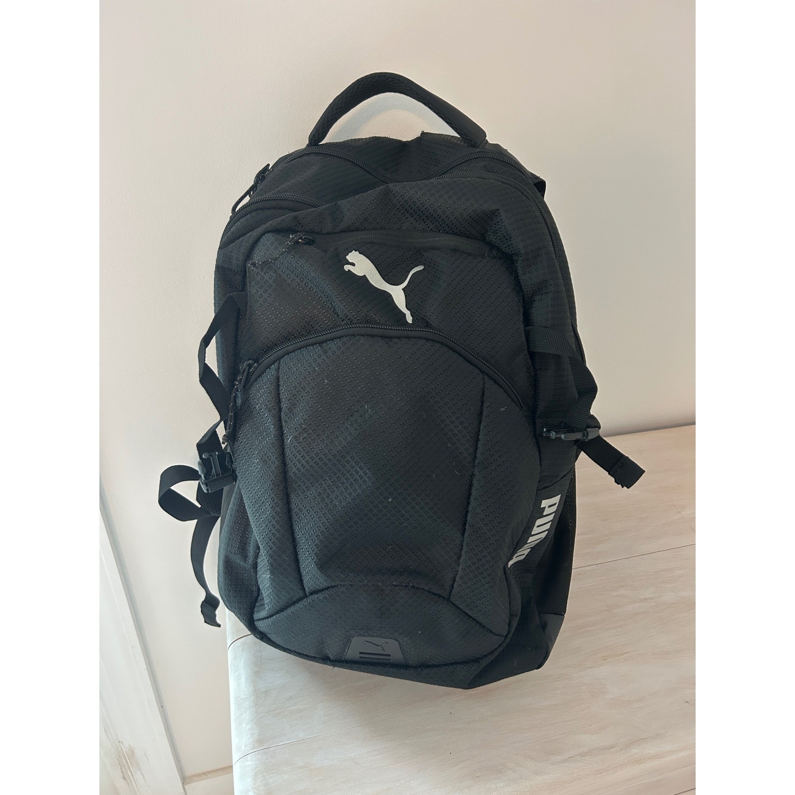 Puma Black Textured Sports Backpack Multi-Pocket Laptop Bag Mens