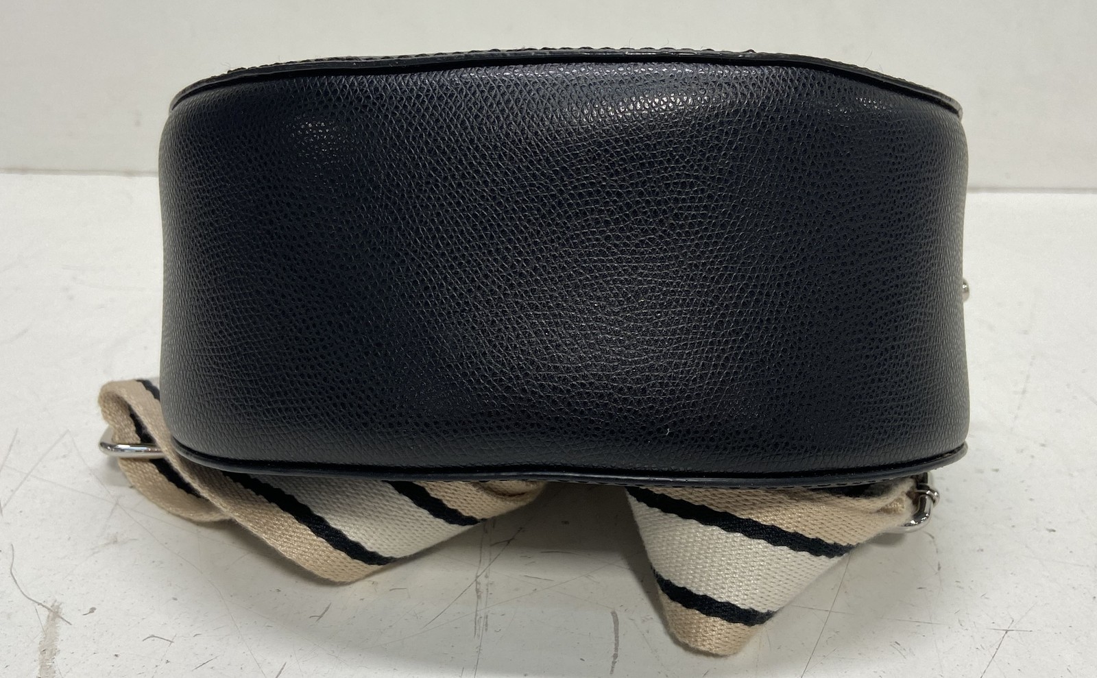 Calvin Klein Black Pebbled Crossbody Bag Striped Webbing Strap Silver Hardware