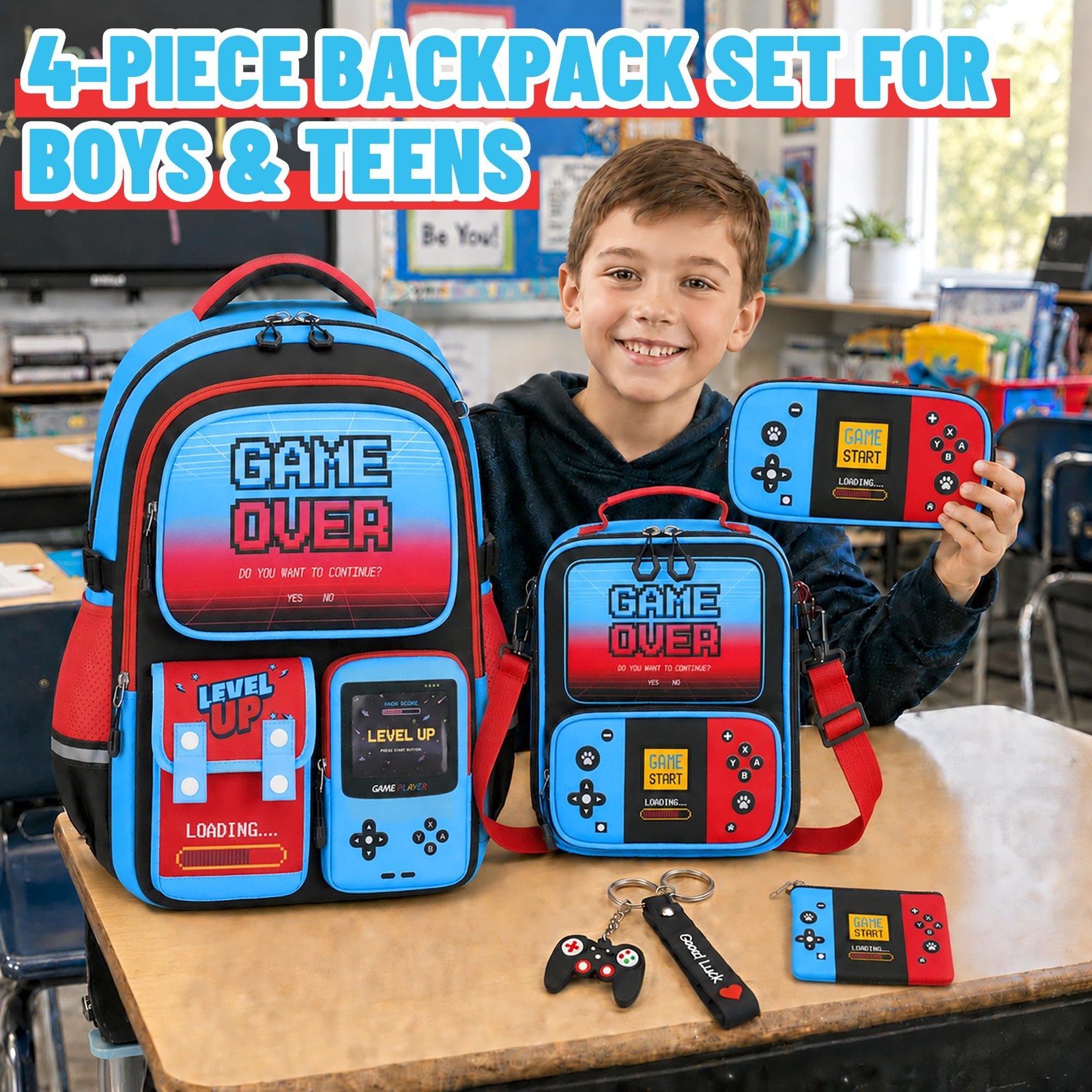 Boys Gamer Backpack with Lunch Box, 4 PCS Red Blue Gaming Bookbag for Boys