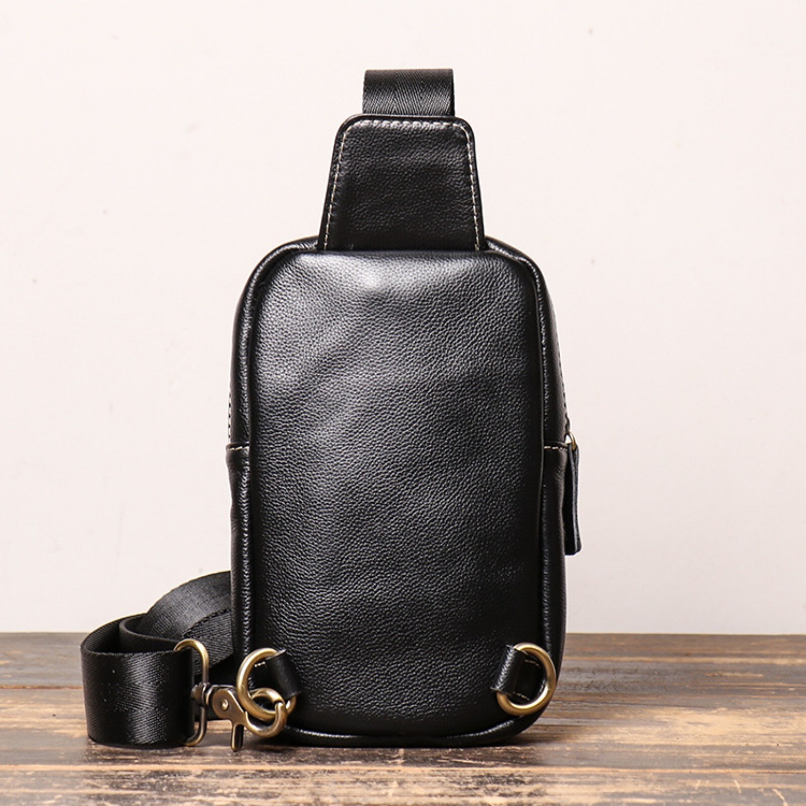Men Black Leather Sling Bag Crossbody Shoulder Chest Pouch Small Travel Pack