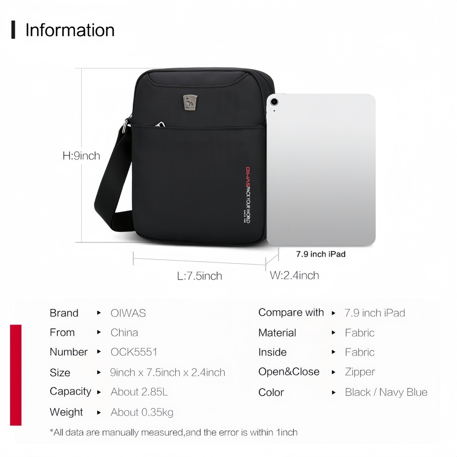 OIWAS Cross Body Bag Men Small Messenger Bag Shoulder Bag 7.9″ iPad Purse Black