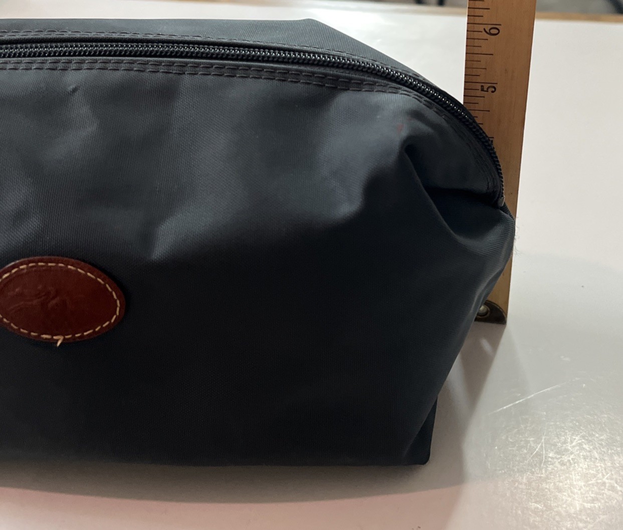 Longchamp Cosmetic Bag Nylon Grayish- Blue & Brown Leather Toiletry Travel Pouch