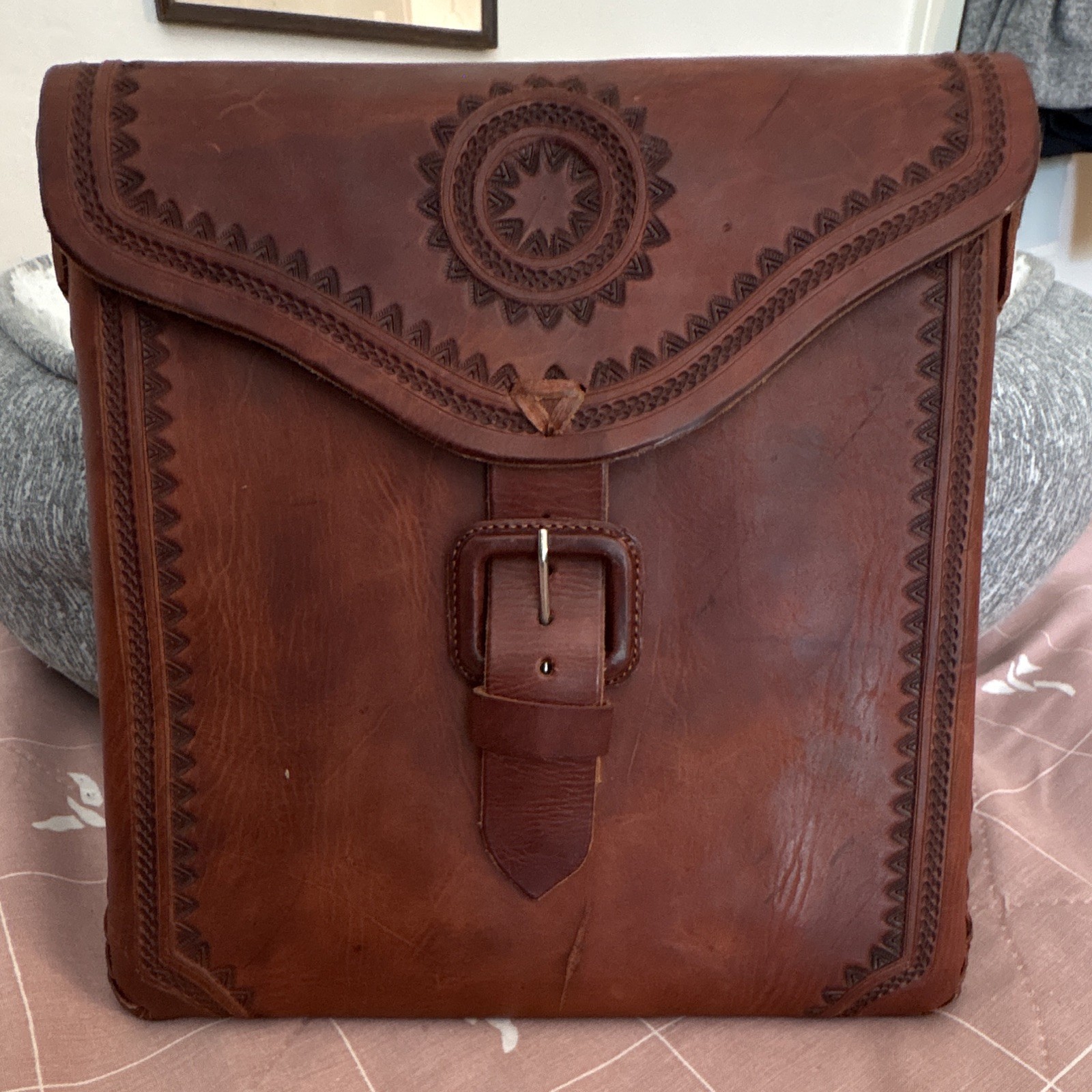 Brown Messenger Bag Shoulder Strap Buckle Closure Solid Unisex Adults