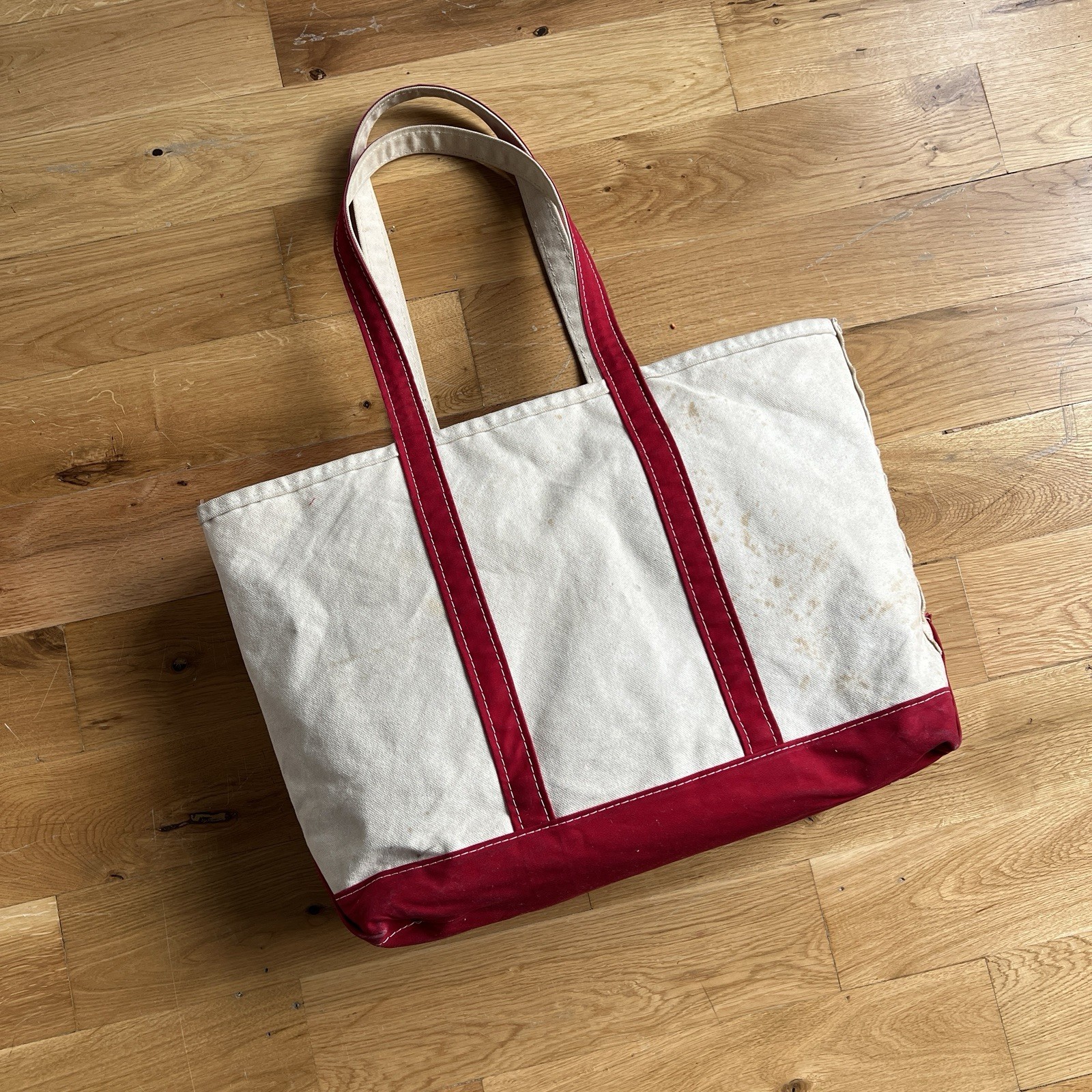 Vintage 90’s 00’s LL Bean Boat and Tote Bag Large Ivory Red Canvas USA Stained