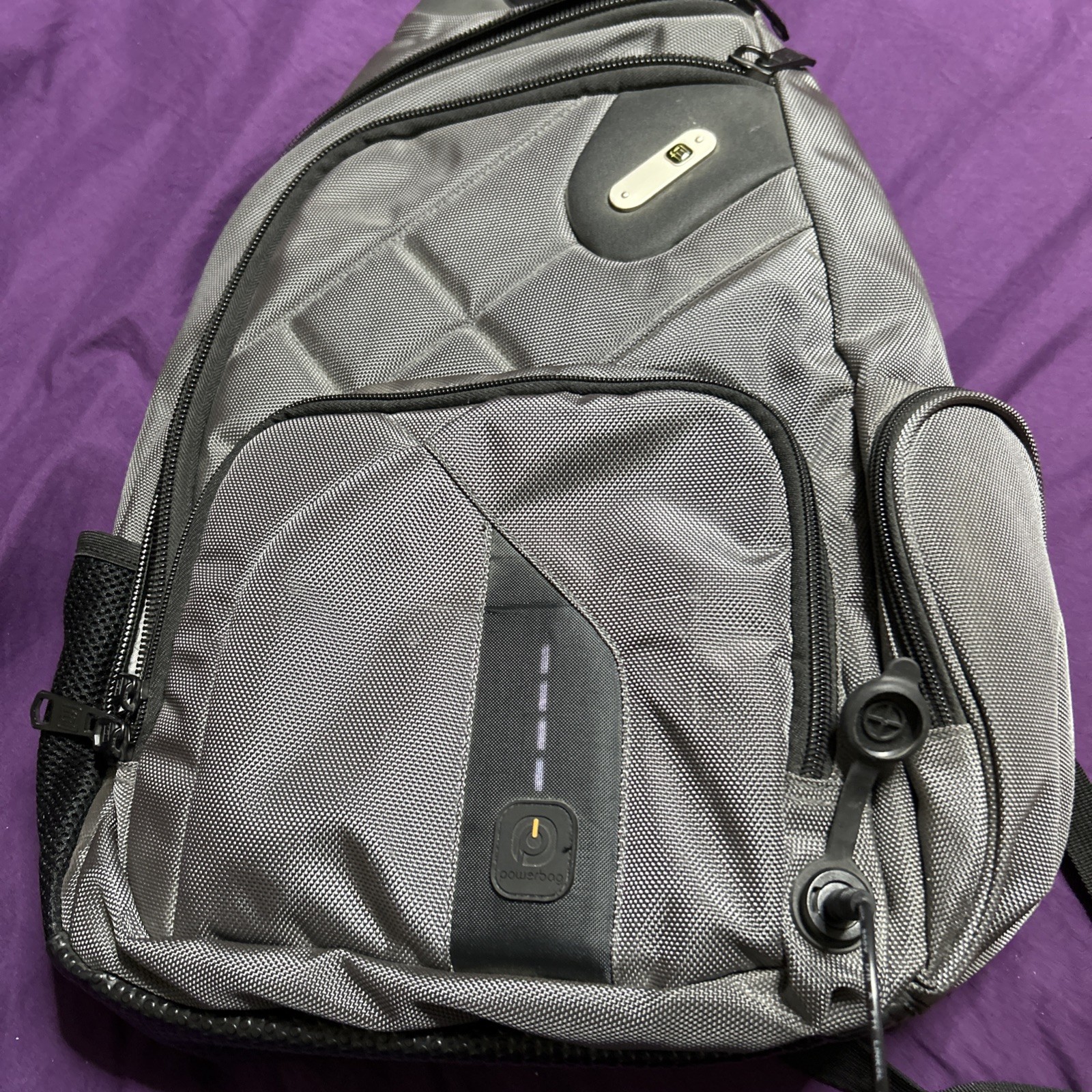 Powerbag Gray Sling Backpack Crossbody w/ Powerbank, Zip Pockets Travel