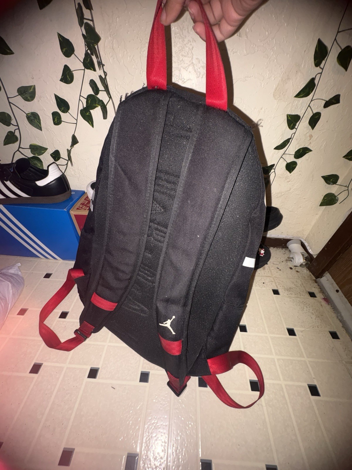Jordan Black/Red Logo Backpack Adjustable Straps Pockets Zip Closure