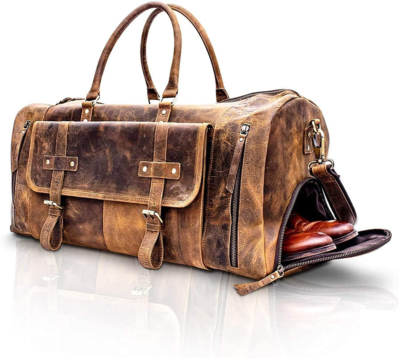 Komalc Leather Travel Duffel Bags for Men and Women Full Grain Leather Overnight