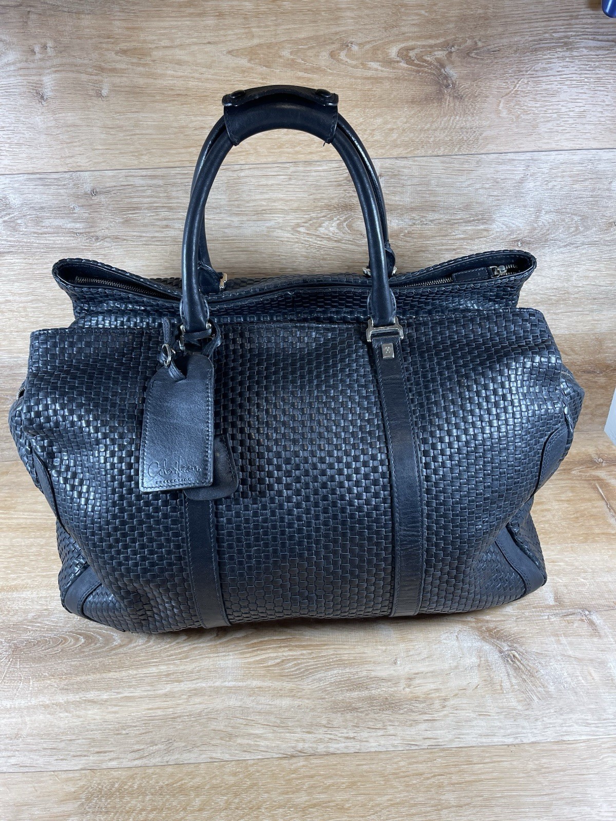 Cole Haan Black Woven Leather A Line Duffle Weekender Bag $2595