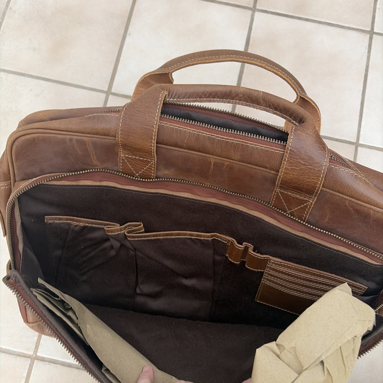 KomalC Leather Messenger Laptop Bag Brown Distressed Briefcase NWOT