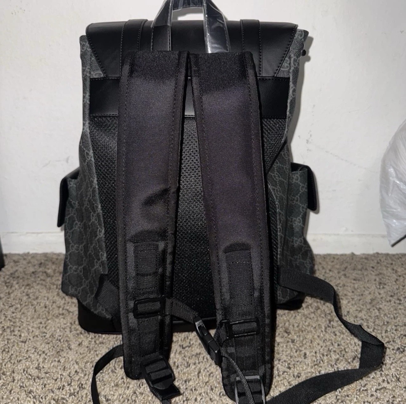 Gucci GG Pattern Backpack Gray/Black Red/Blue Web Stripe Drawstring Men’s