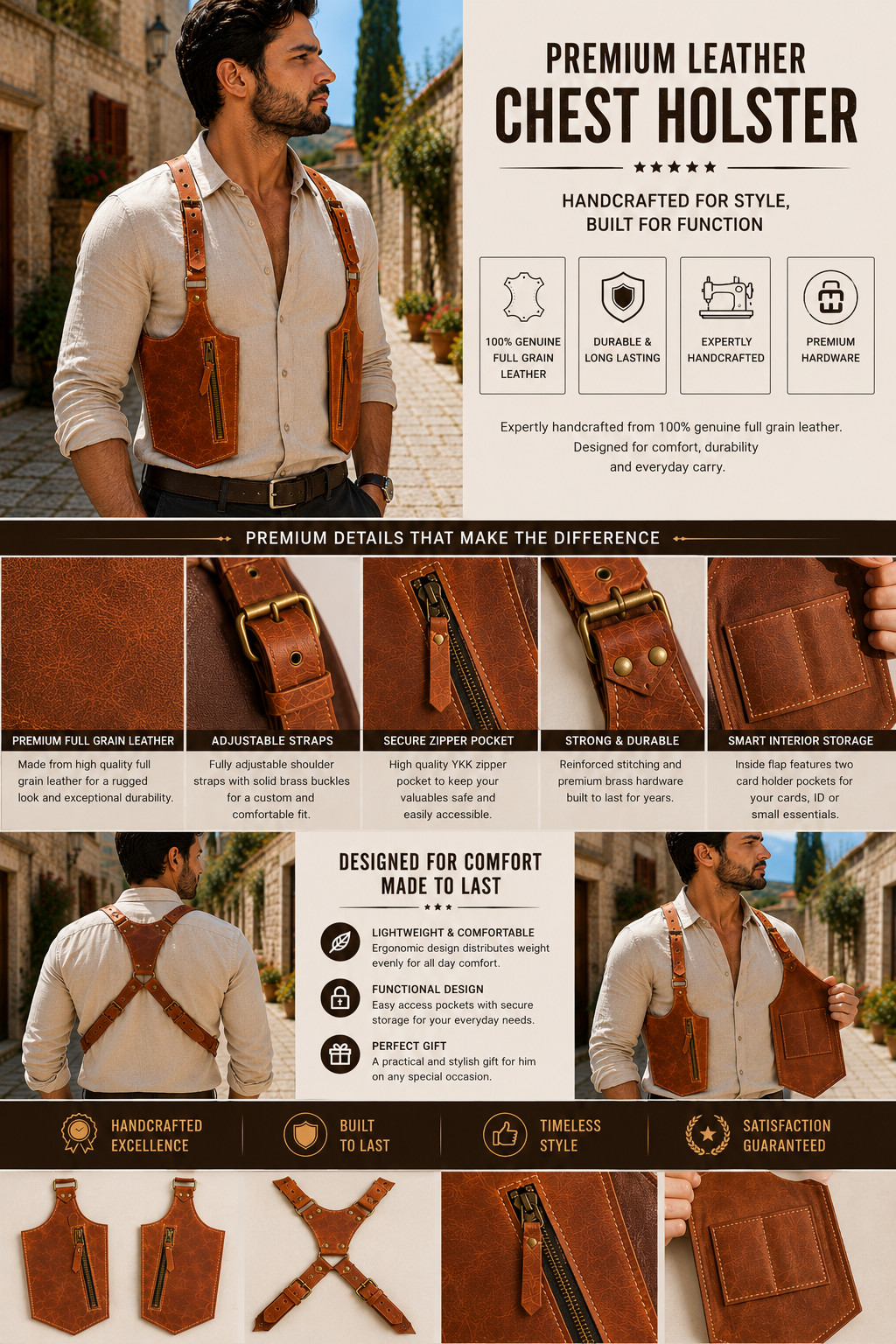 Genuine Leather Chest Holster Harness Crossbody EDC Phone Wallet Travel Bag