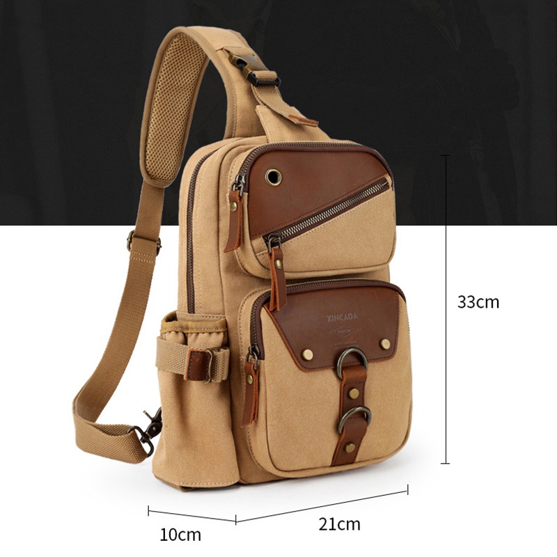 Vintage Canvas Genuine Leather Chest Sling Bag Crossbody Shoulder Backpack