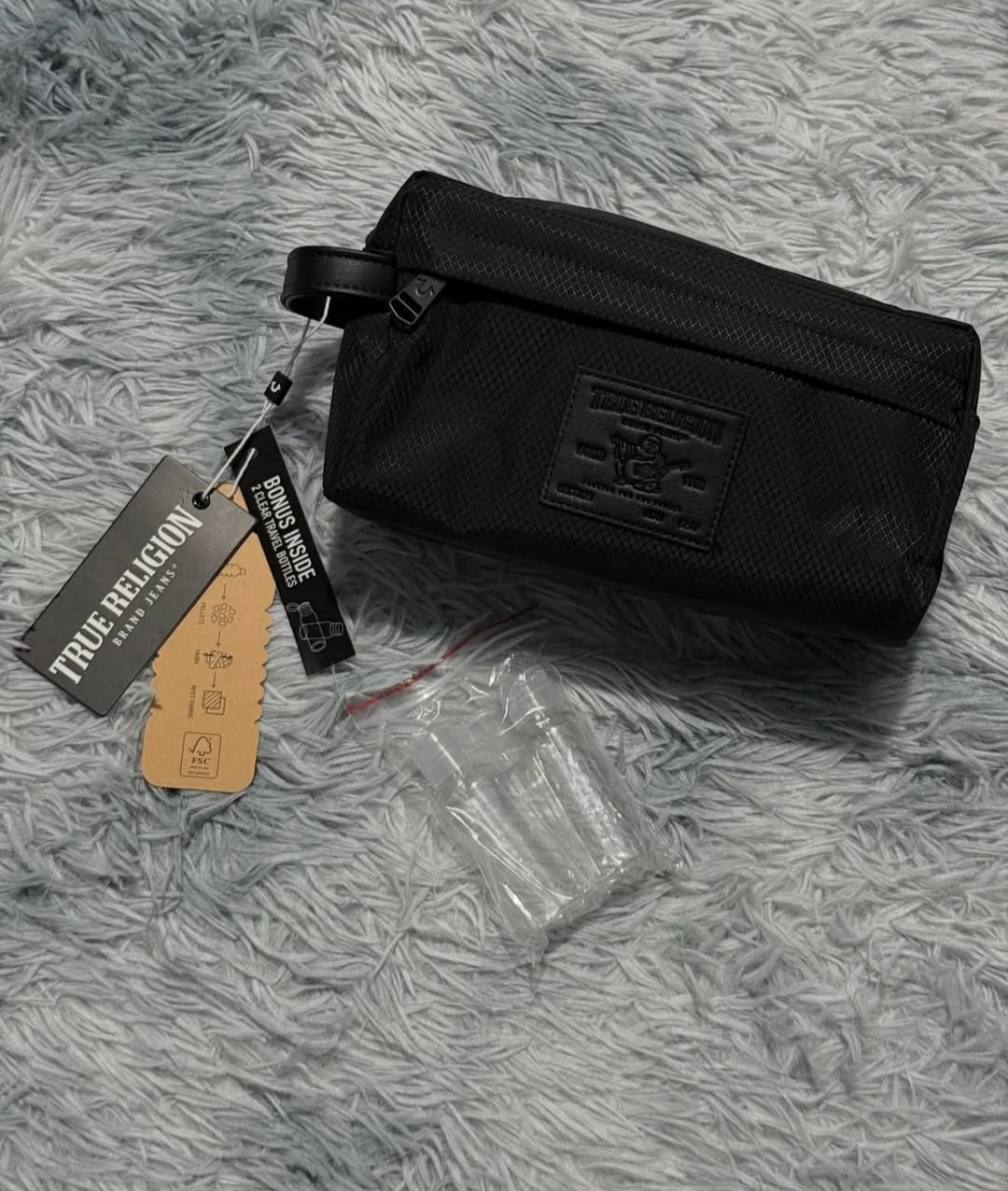 🔥 True Religion Men’s Toiletry Bag Black With Buddha Logo, 2 Travel Bottles NWT