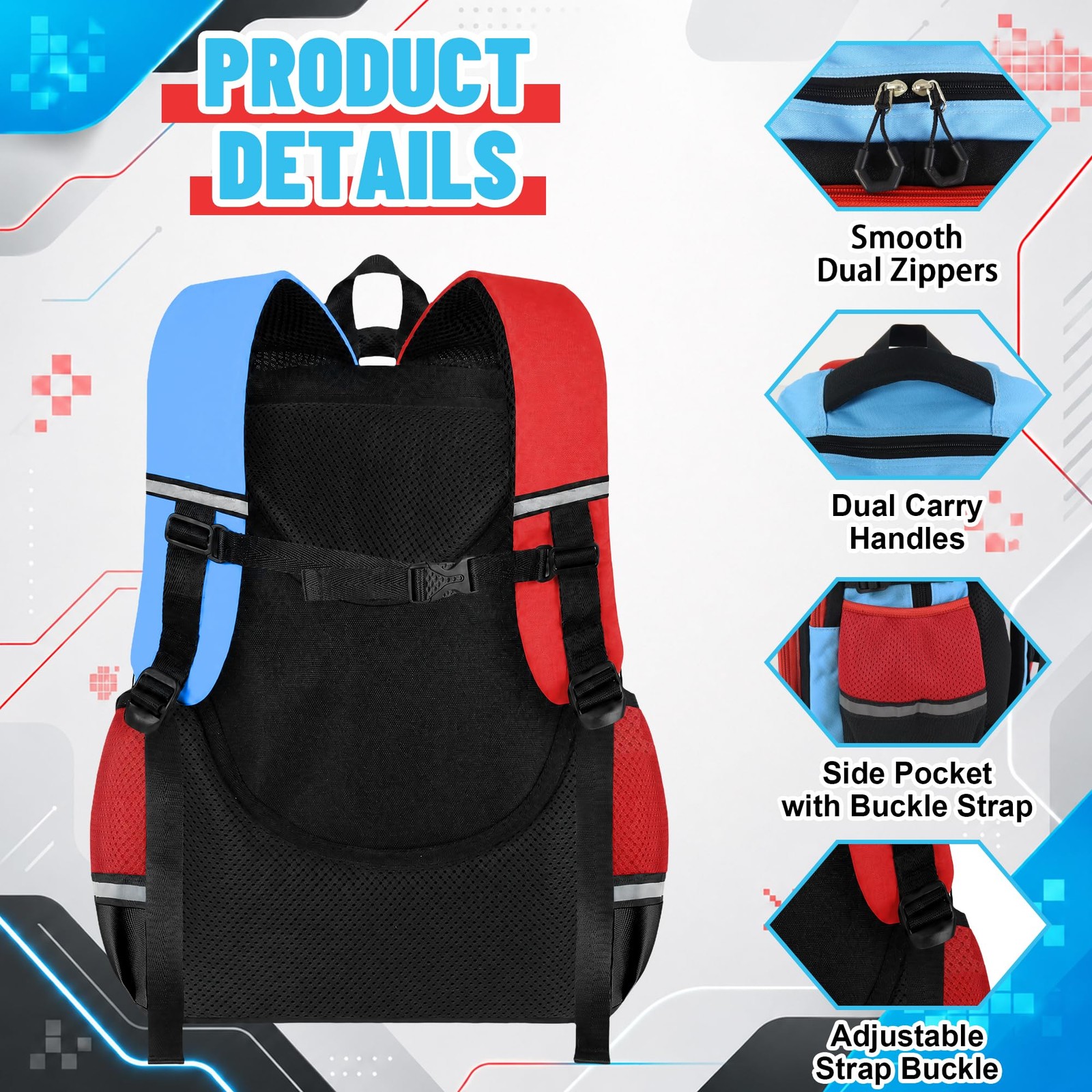 Boys Gamer Backpack with Lunch Box, 4 PCS Red Blue Gaming Bookbag for Boys