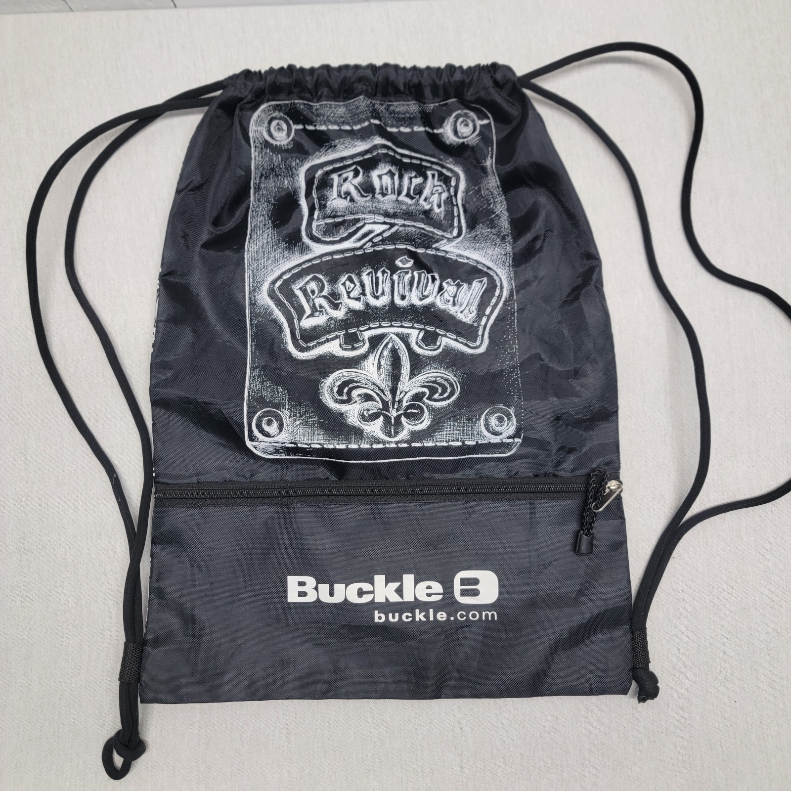 ROCK REVIVAL Denim Buckle 13.5″x18.5″ Black Logo Cinch Bag BACKPACK Drawstring