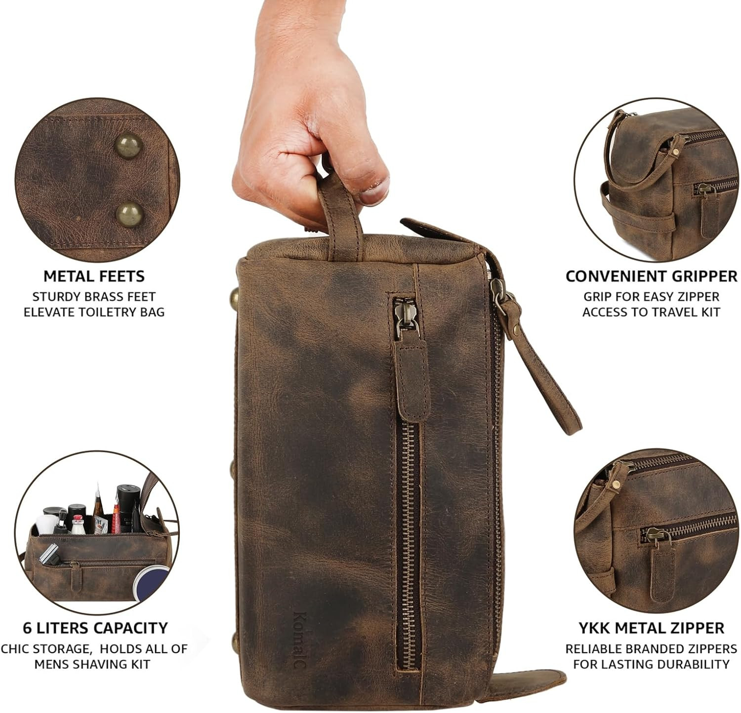 Komalc Premium Buffalo Leather Toiletry Bag for Men & Women with Water Resistant
