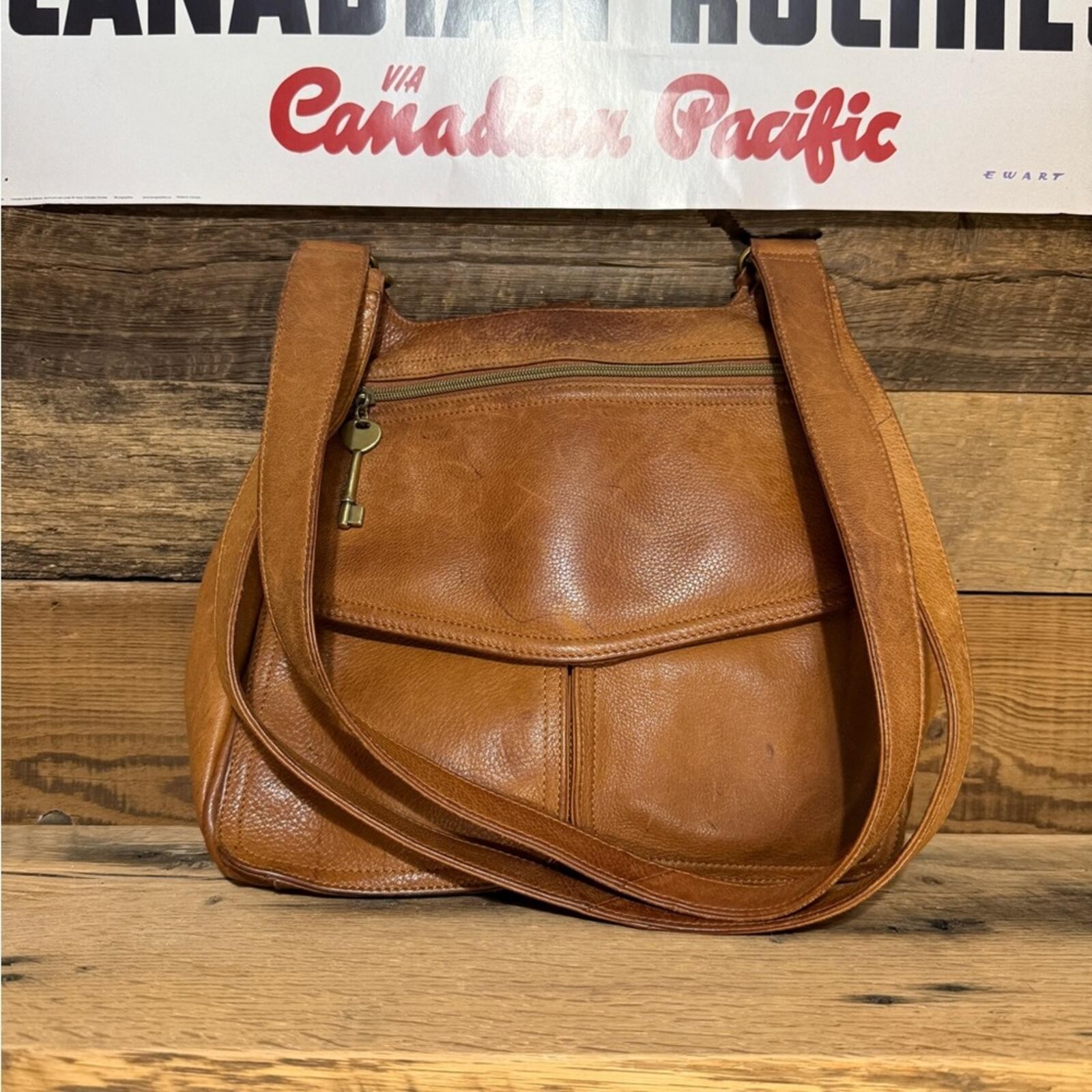 Fossil Brown Leather Shoulder Bag with Key Charm