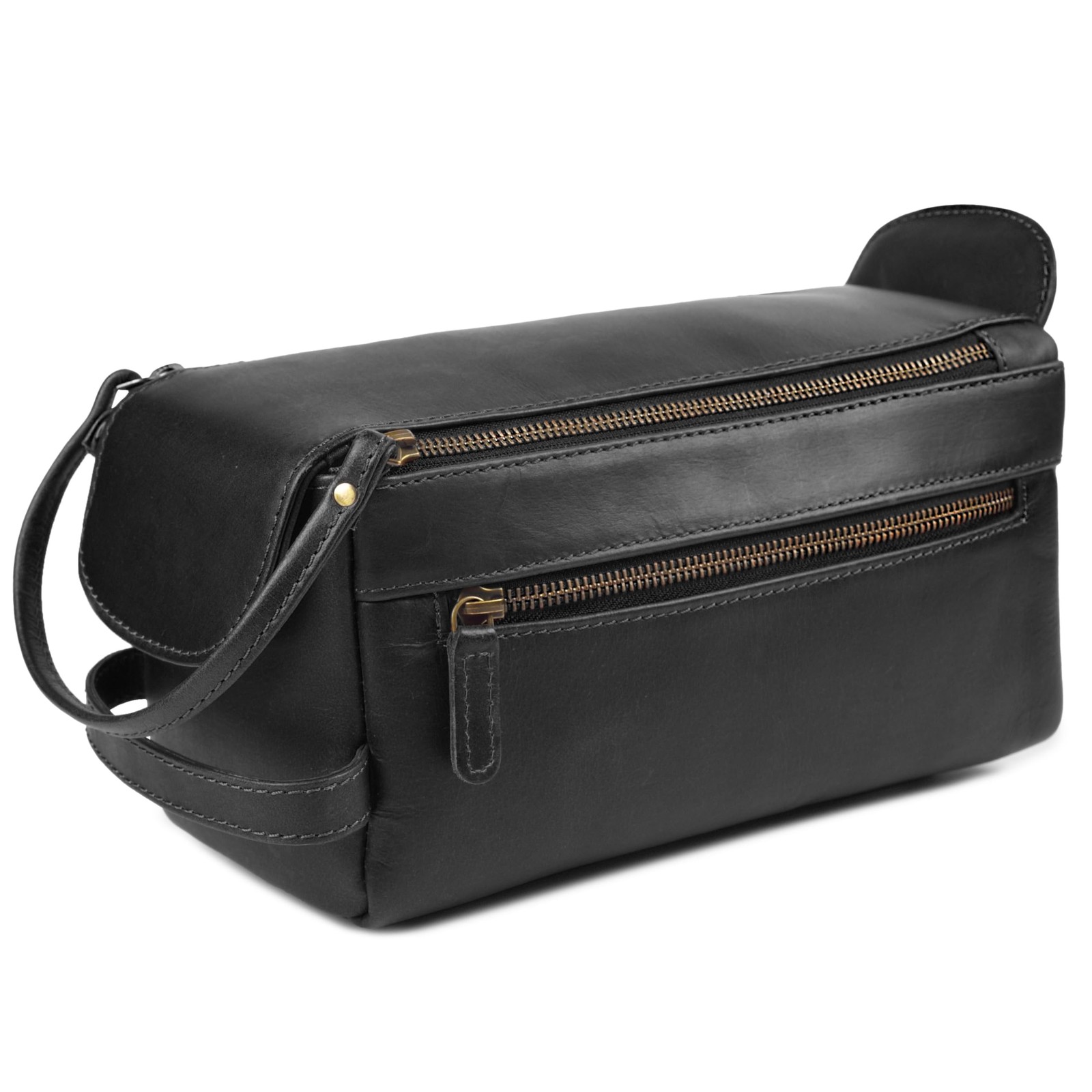 Full Grain Leather Toiletry Kit for Men & Women 10″ x 5″ x 4.5″, Matte Black