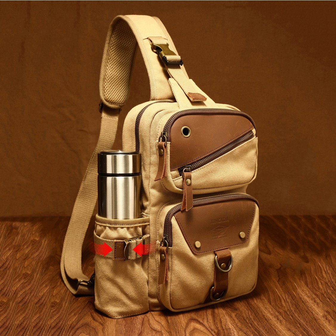 Vintage Canvas Genuine Leather Chest Sling Bag Crossbody Shoulder Backpack