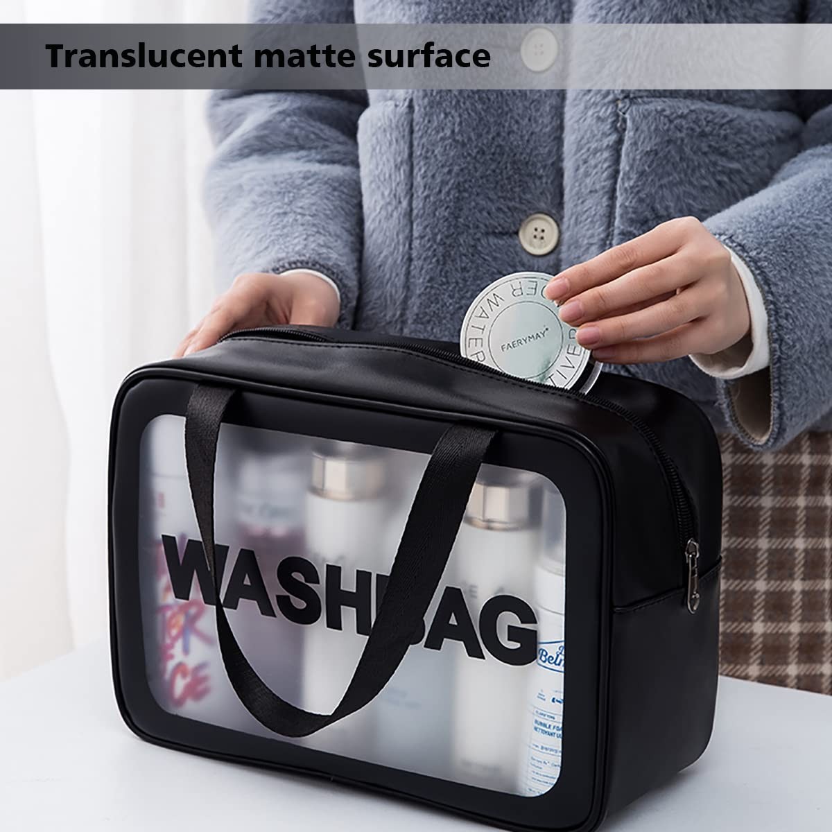 DAPOWER Travel Toiletry Bag for Women and Men, Matte Translucent L, Black