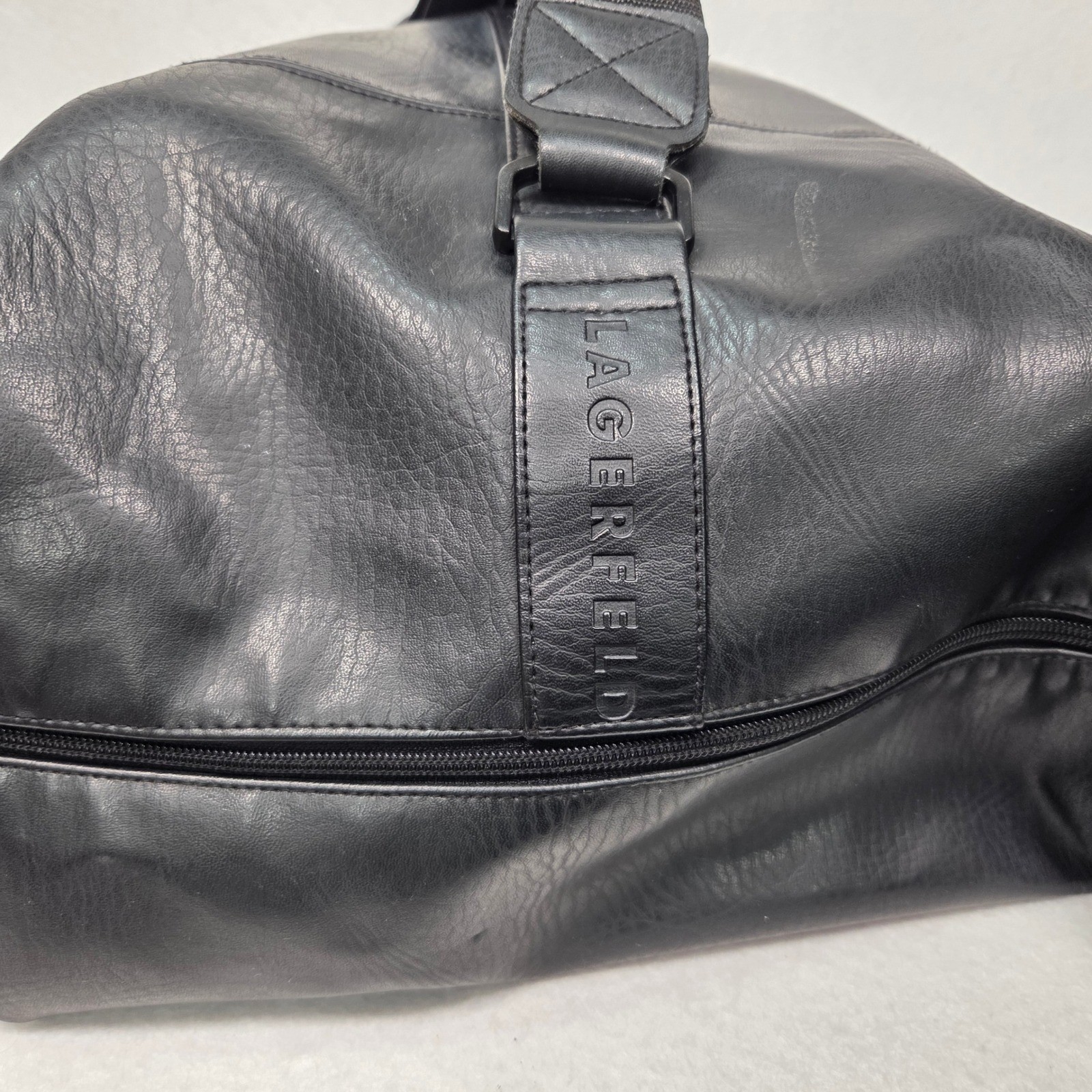 Vtg Karl Lagerfeld Weekender Duffel Bag Mens Black Faux Leather Travel Gym