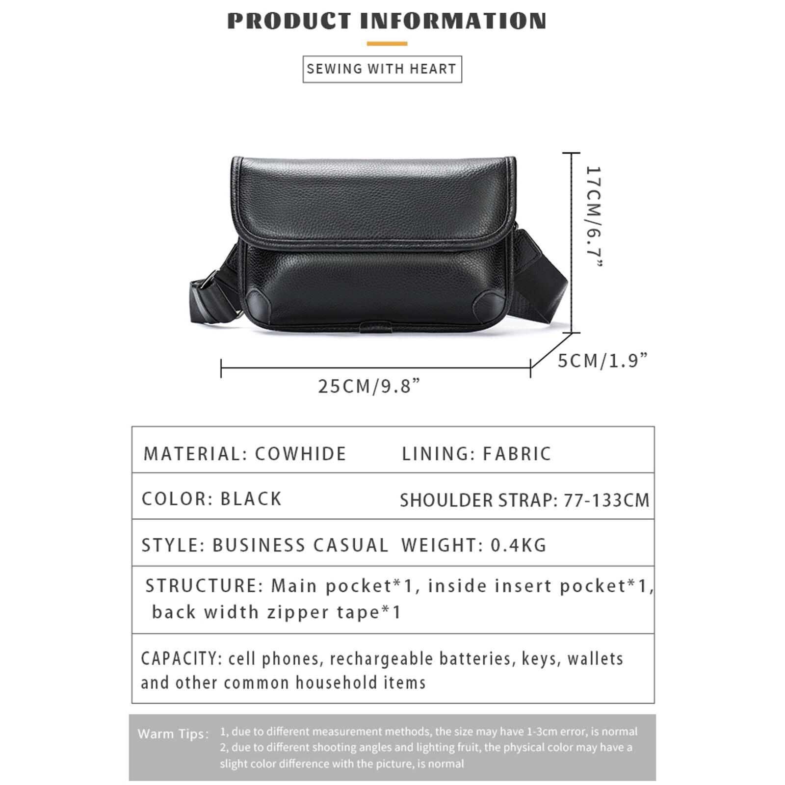 Mens Leather Shoulder Bag Black Crossbody Business Casual with Multi-Pocket