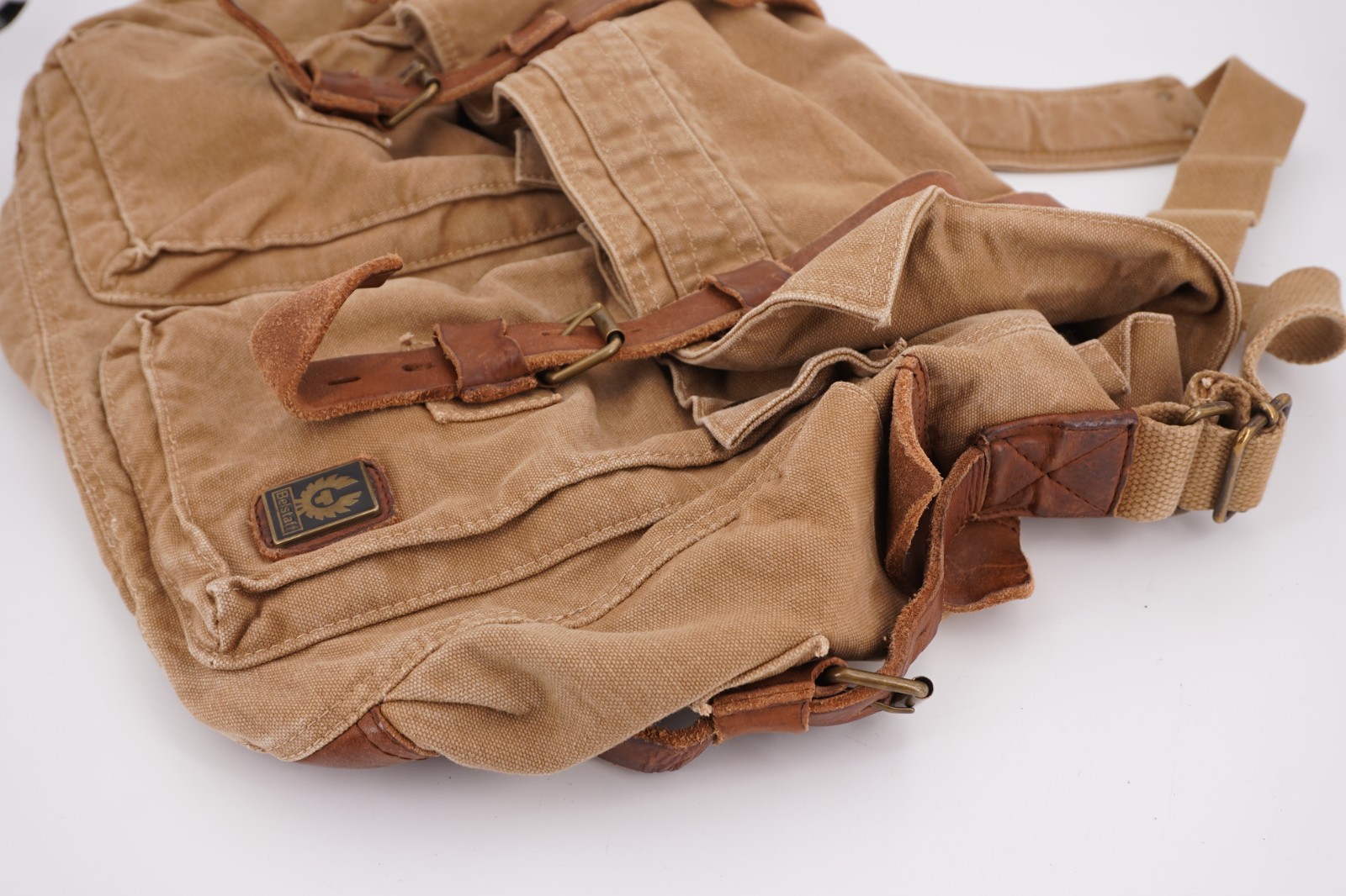 $845 | BELSTAFF COLONIAL COTTON TWILL LEATHER MESSENGER SATCHEL MOUNTAIN TAN