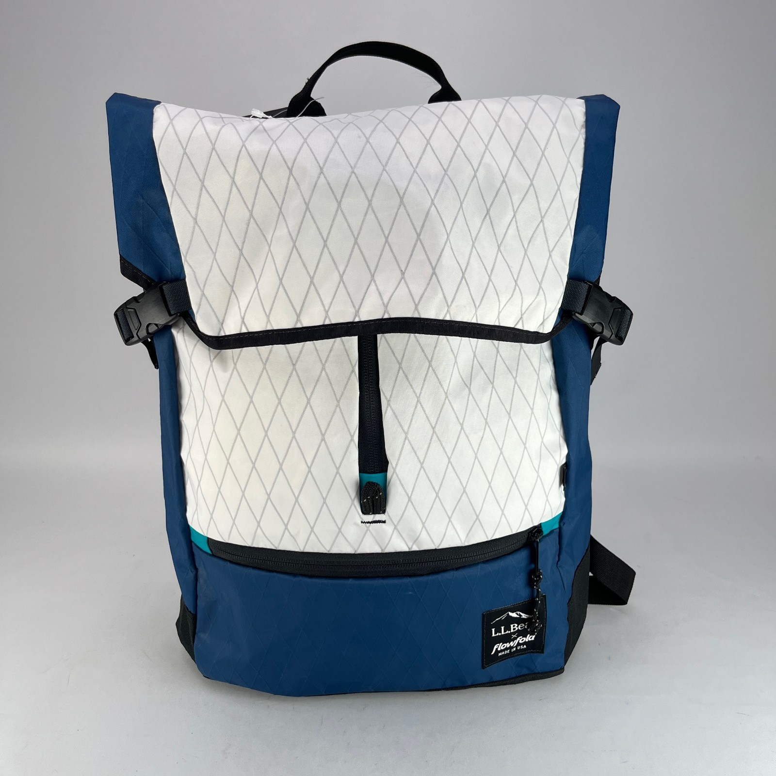 LL Bean X Flowfold Backpack Center Zip Lightweight Recycled Polyester Navy White