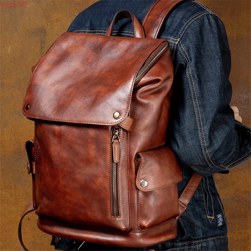 Handmade Really Cow Leather Backpack Vintage Men’s Casual Travel Bag Laptop Bag