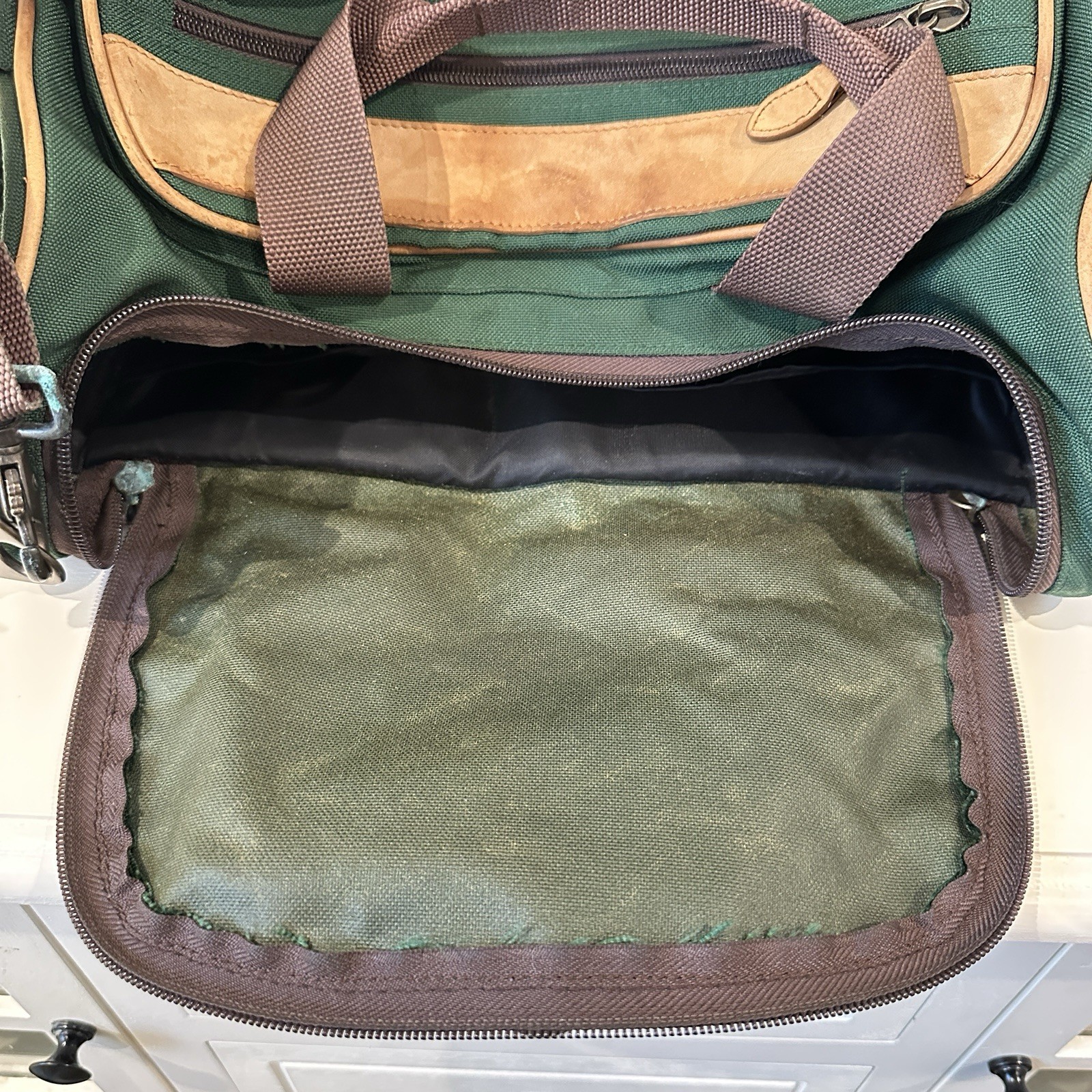 Vintage 90s L.L. Bean Canvas Carry On Bag Green Leather Trim Duffle *FLAW*