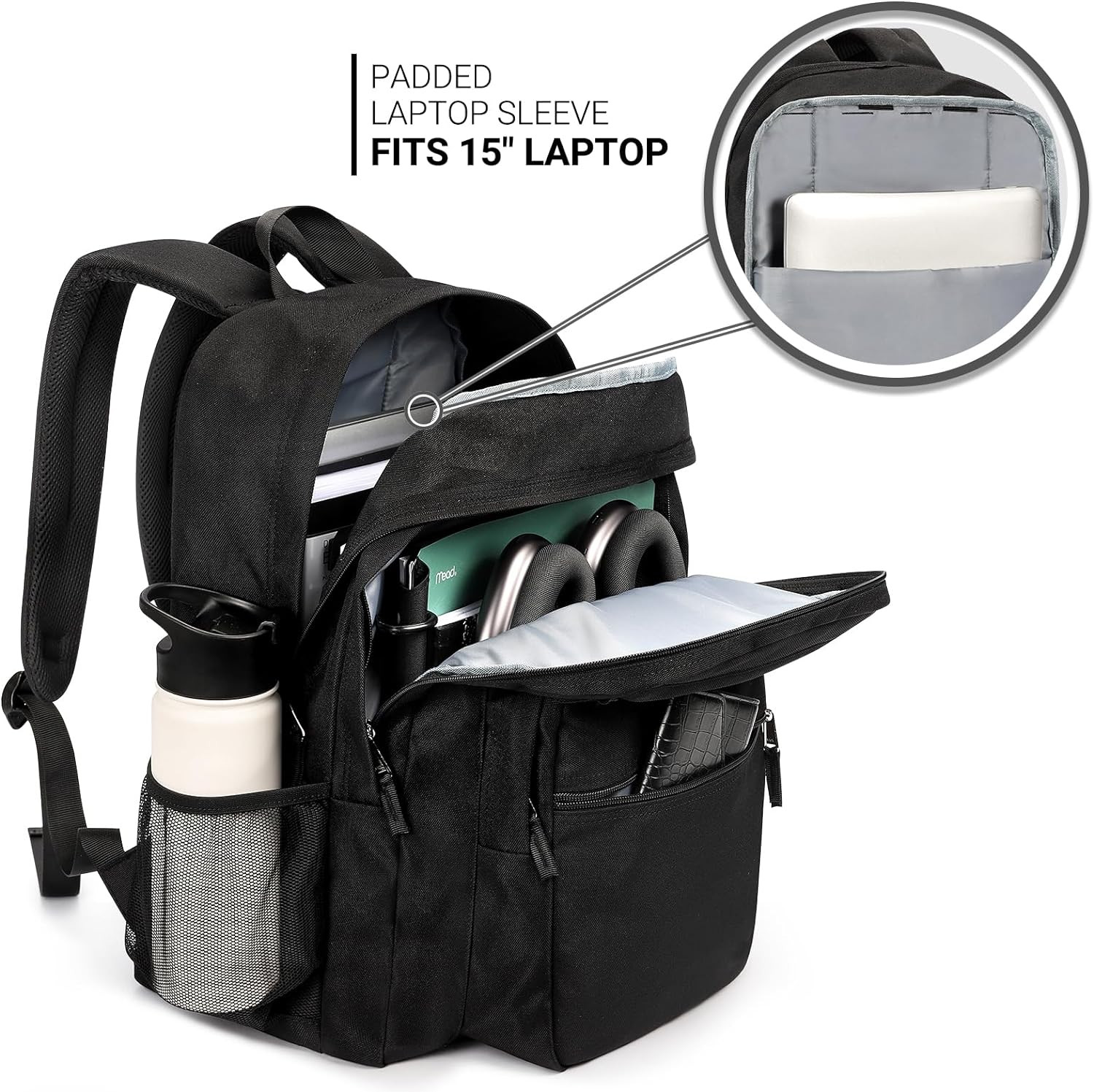 26L Black Backpack for School, College, and Travel: Water Resistant Bookbag with
