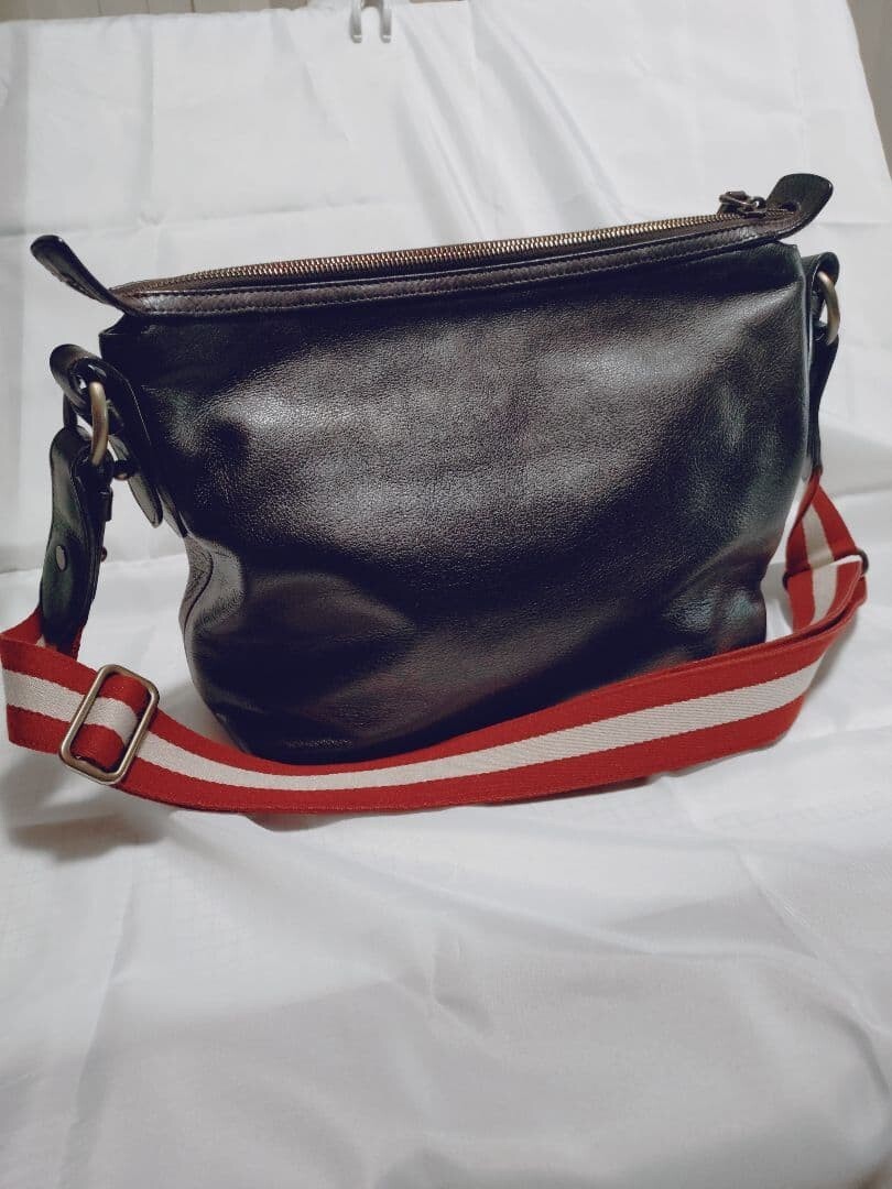 BALLY Brown Leather Shoulder Bag Red White Striped Strap Men