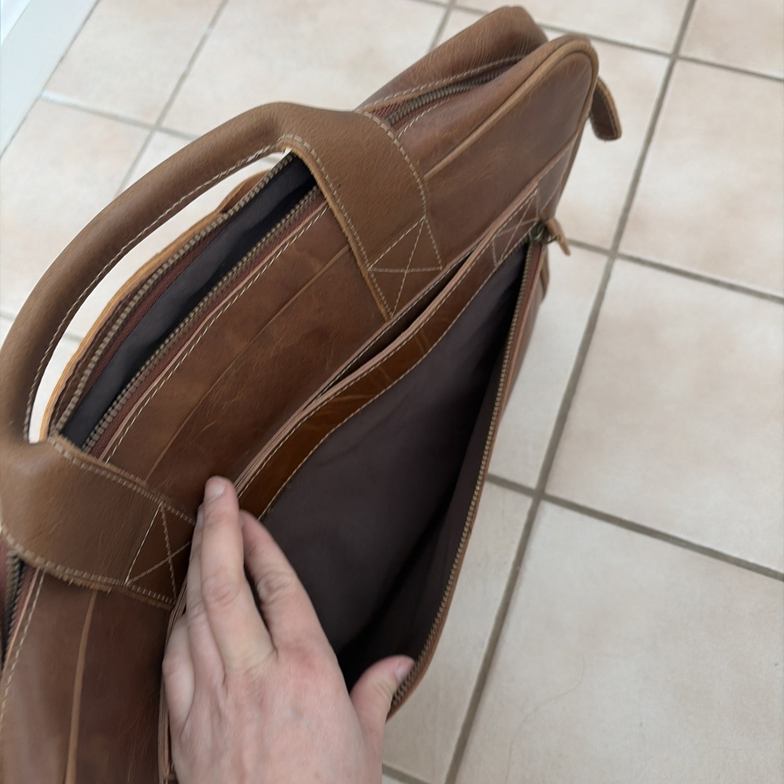 KomalC Leather Messenger Laptop Bag Brown Distressed Briefcase NWOT