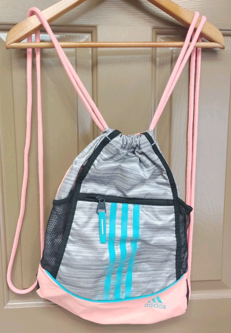 adidas Sackpack Cinch Bag Orange Teal 3-Stripes Zip Pocket Mesh Drawstring Gym